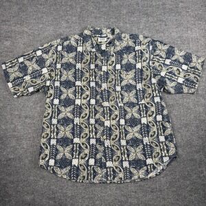 Vtg 90s Sostanza Button Up Shirt Mens XL Linen Cotton Tapa Tribal Print Island